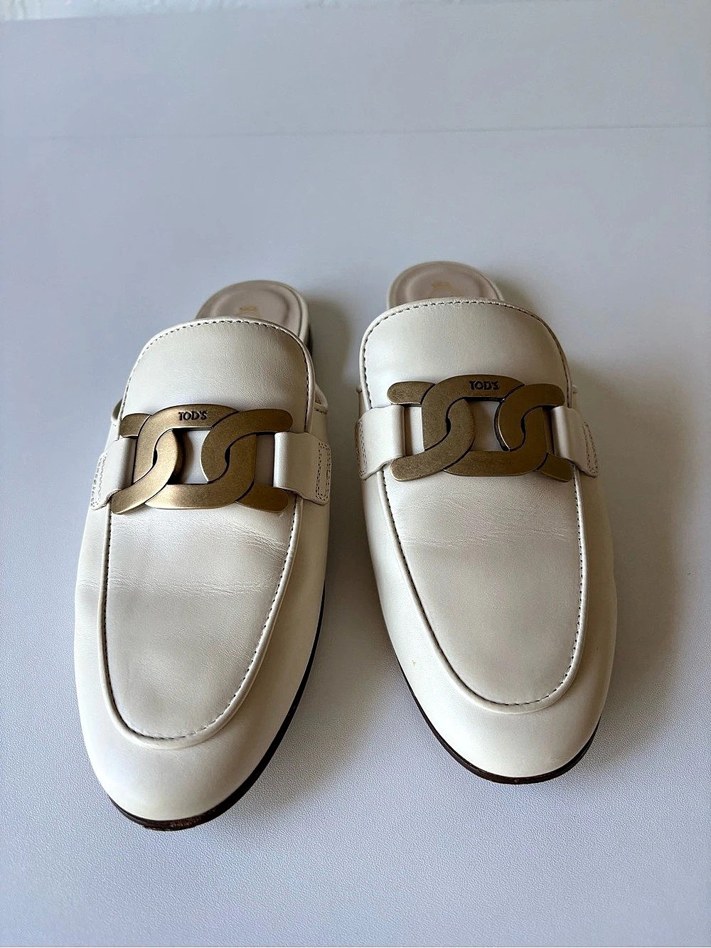 Tod's Gommino Chain Leather Mules White & Brown EU 38